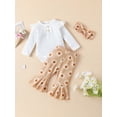 thumbnail image 2 of Seyurigaoka 2 Pcs Baby Girls Clothes Set Ruffle Trim Long Sleeve Buttons Round Neck Romper Flower Print Flared Pant with Headband for 0-24M Toddler Kids, 2 of 8