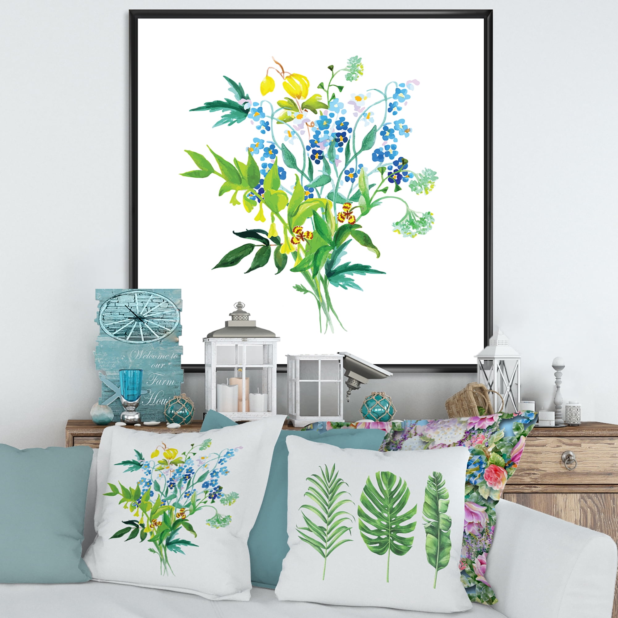 Designart 'Meadow Flowers Garland On White' Farmhouse Framed Canvas Wall Art Print