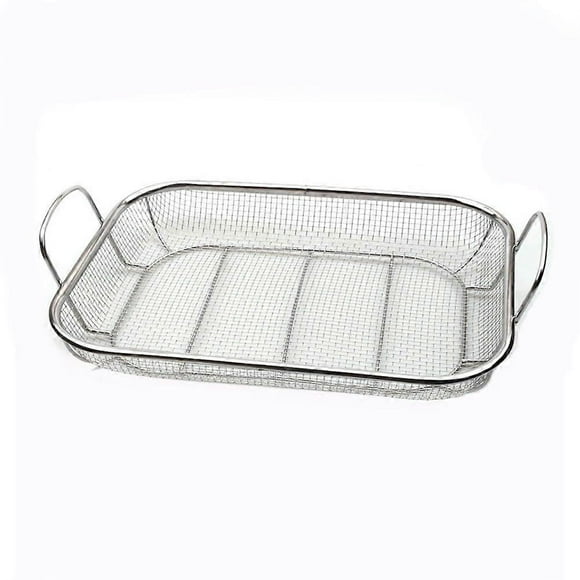 Square stainless steel grilling basket, practical tray for fruits and vegetables with easygrip handle, 42 x 28 x 10.5 cm (cleaning brush included).