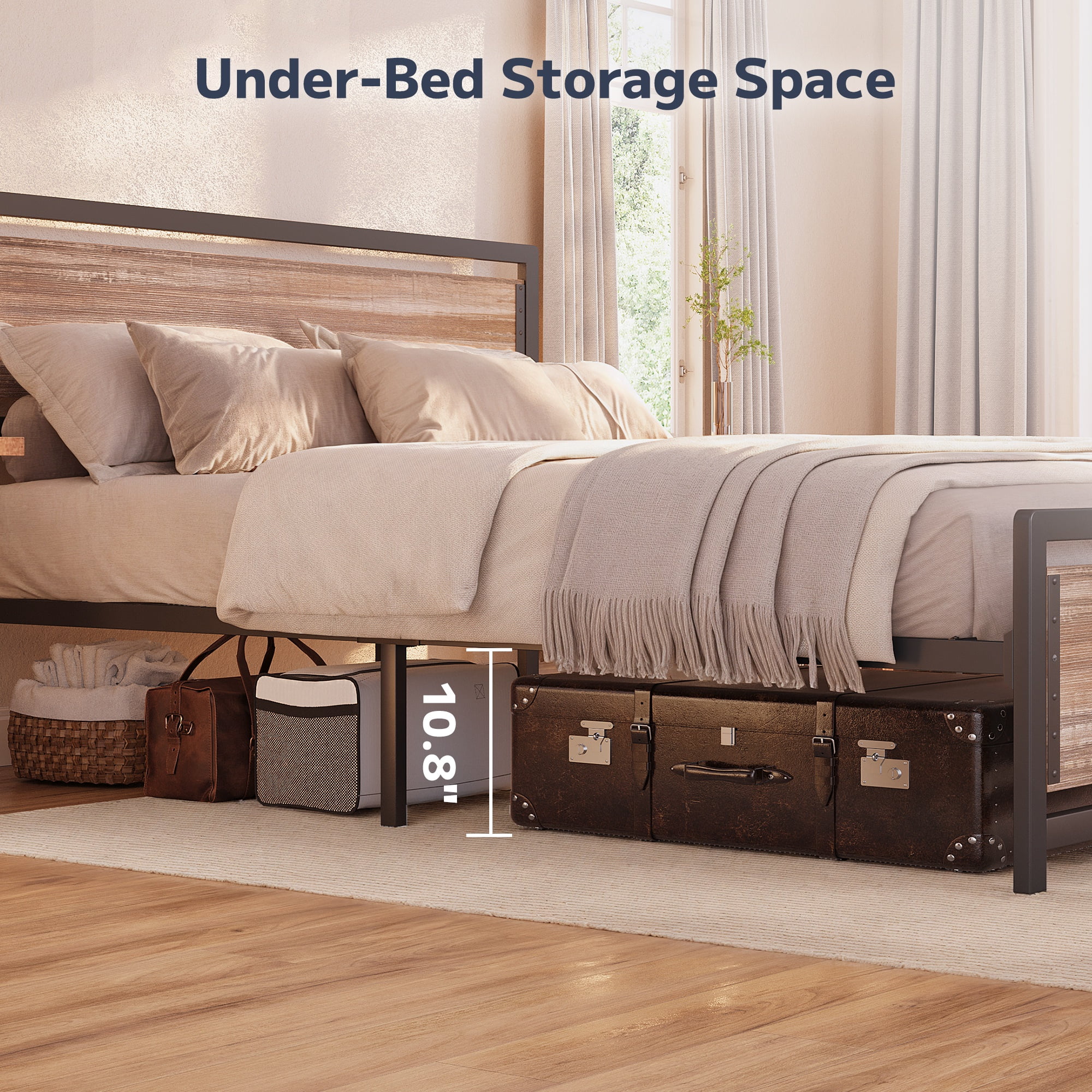 Asofer Queen Bed Frame with with Rustic Vintage Wood Headboard and Footboard, No Box Spring Needed, Wood Color