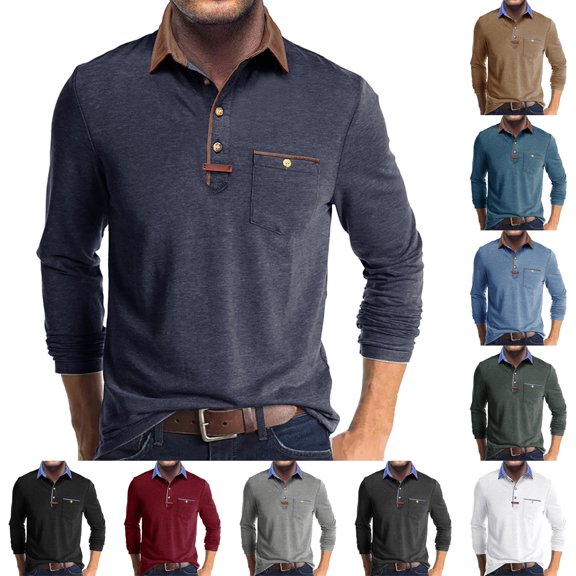 Men's Long Sleeve Turn Collar T-Shirt for Spring Fall Winter Fashion Top,Black,L