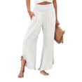 thumbnail image 2 of Hogleaql Linen Pants Women Summer, Comfortable Wide Leg Elastic Waist Ruffle Flowy Pants Casual Palazzo Baggy Summer Trousers with Pockets White 2XL, 2 of 5