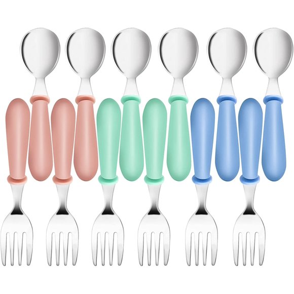 TOOAD 12 Pcs fourchettes et cuillères pour tout-petits, ustensiles en acier inoxydable pour bébé, couverts pour enfants pour l'auto-alimentation, couverts en métal sans BPA avec poignée pour garçon