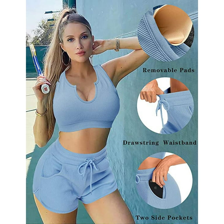 Women Seamless Yoga Outfits 2 Piece Workout Set Short Sleeve Crop Top High  Waisted Biker Shorts Stretch Tummy Control Yoga Shorts Fitness Athletic  Running Gym Clothes Activewear Tracksuit Blue-Green Small at