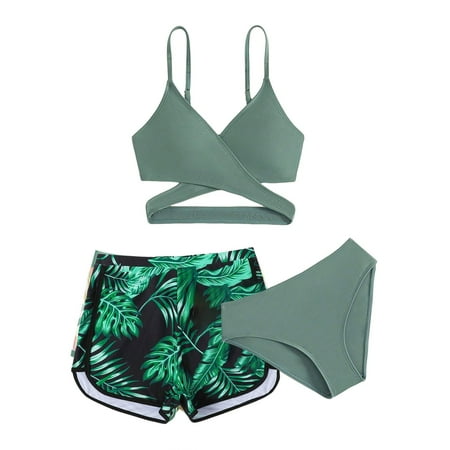 Sunka Girls Swimsuits 3 Piece Bathing Suit Allover Printed Criss Cross Bikini Set with Cover Up Skirt Beach Swimwear (Green 13-14 Years)