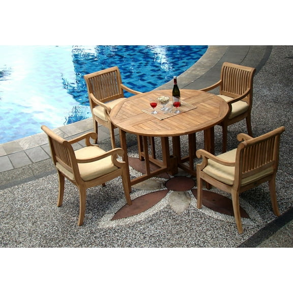 Teak Dining Set: 4 Seater 5 Pc: 48" Round Butterfly Folding Table And 4 Giva Armless Chairs Outdoor Patio Grade-A Teak Wood WholesaleTeak #WMDSGV22