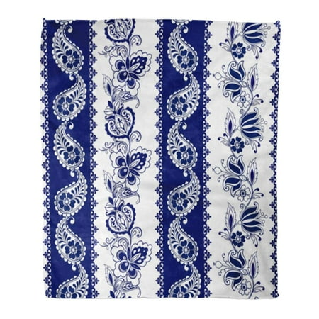 Blue Stripe Border - ASHLEIGH Throw Blanket Warm Cozy Print Flannel Flower of Lace Bohemian Borders Stripes Blue Floral Motifs Pattern Comfortable Soft for Bed Sofa and Couch 50x60 Inches