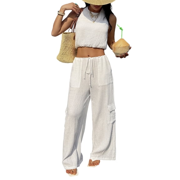 Women'S Summer 2 Piece Outfits Sleeveless Halter Crop Tops Wide Leg Pant Sets Casual Tracksuit White S