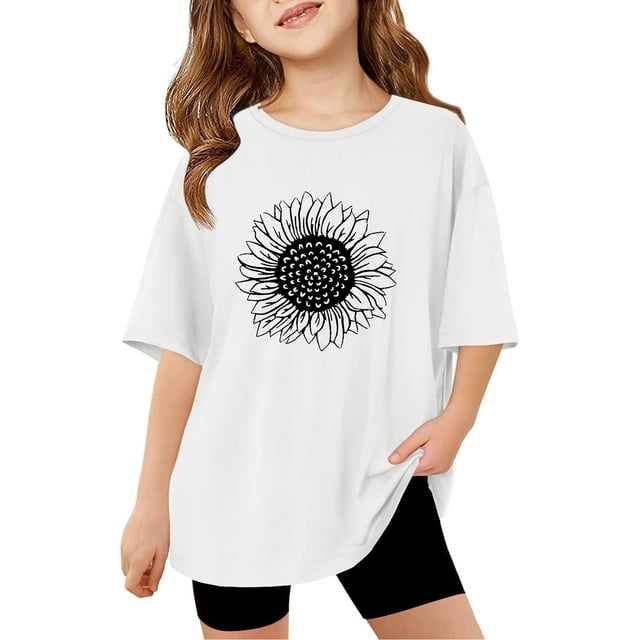 T-shirts à Manches Courtes pour Enfants Filles Été Tops Surdimensionnés Décontractés Col Rond Basiques