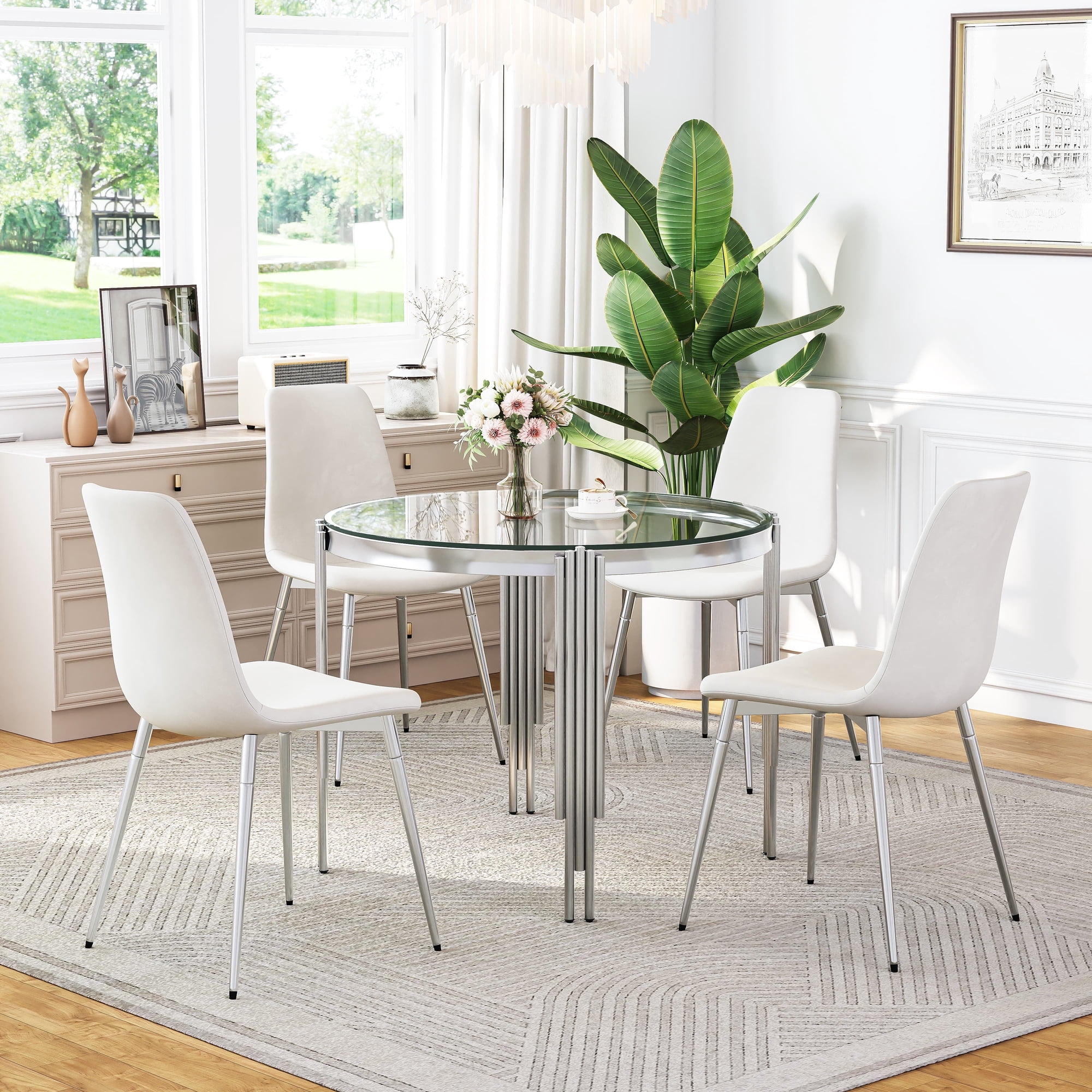 Modern Round Glass Dining Set for 4 Modern Irregular Stainless Steel Legs and Velvet Cushioned Chairs for Kitchens Living Rooms Small Bar