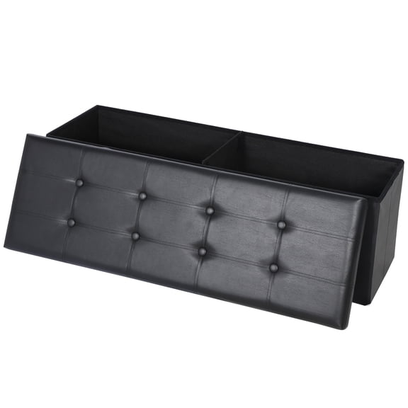 Storage Ottoman Bench 43'' Faux Leather Black Footrest for Bedroom and Hallway