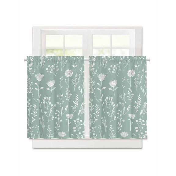 Green Sage Leaves Short Blackout Curtains 45 Inch Long Boho Floral Leaf Rod Pocket Kitchen Curtains, 2 Panels Thermal Insulated Room Darkening Drapes for Bedroom, 30"W x 45"L