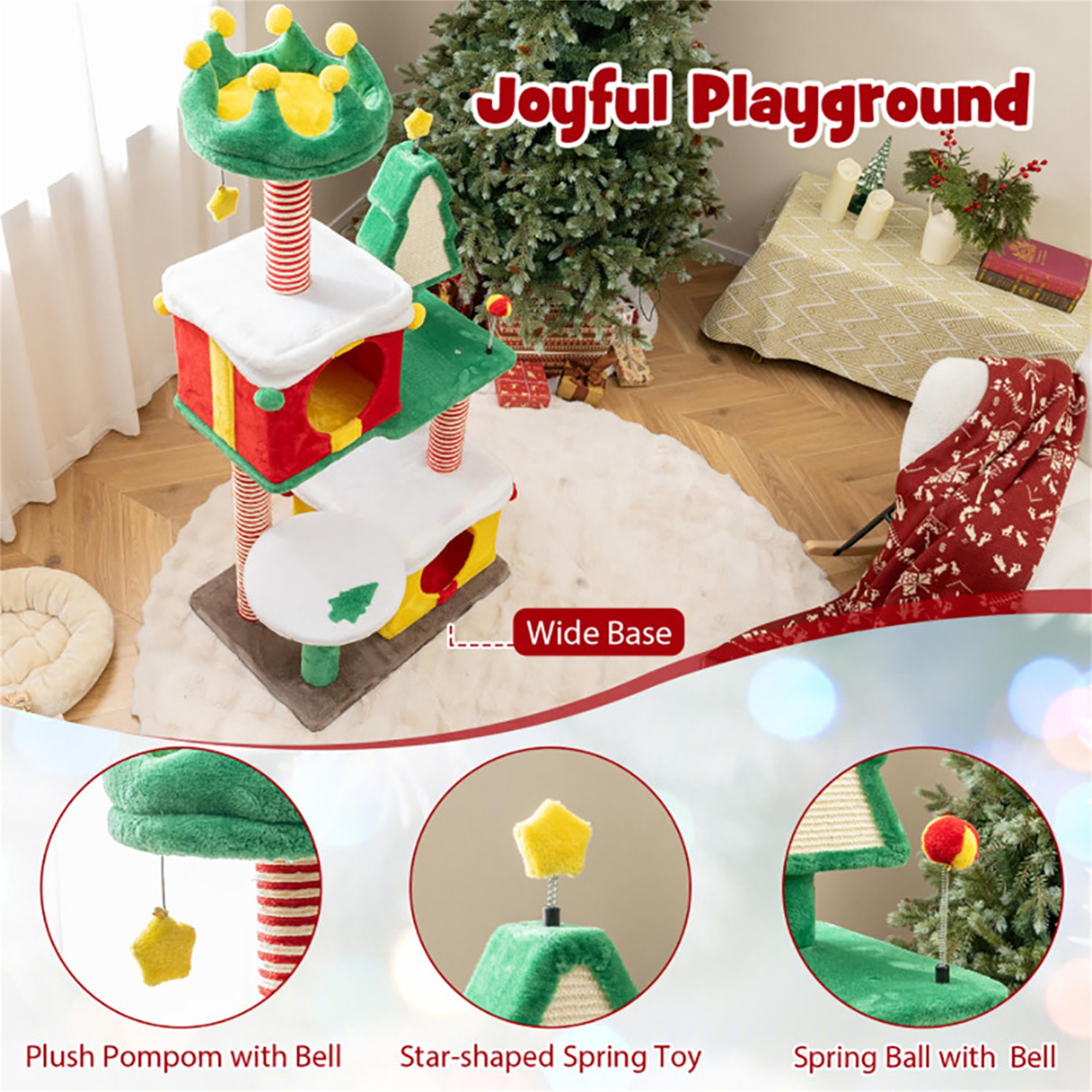Kadyn 61" Cute Christmas Cat Tree for Indoor Cats with Scratching Posts and Carpet, Multi-Level Cat Tower with Gift Box-shaped Cat Condos, Multicolor