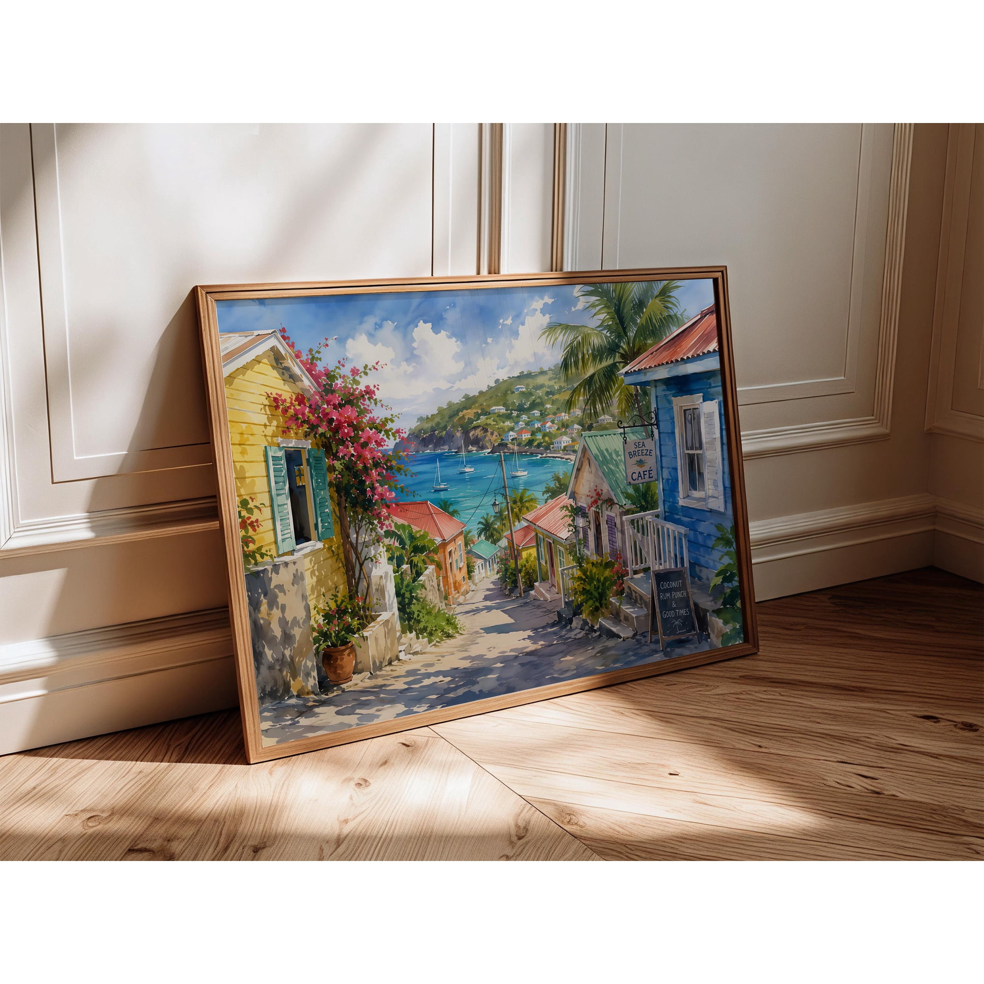 Caribbean Village Wall Art Poster Tropical Coastal Island Decor Poster Print Only