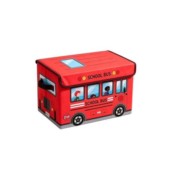 AMARHH School Bus Toy Storage Box 13.78 x 9.45 Inch, Foldable Fabric Toy Chest with Lid and Handles, Toy Organizer Bin for Playroom Bedroom Nursery