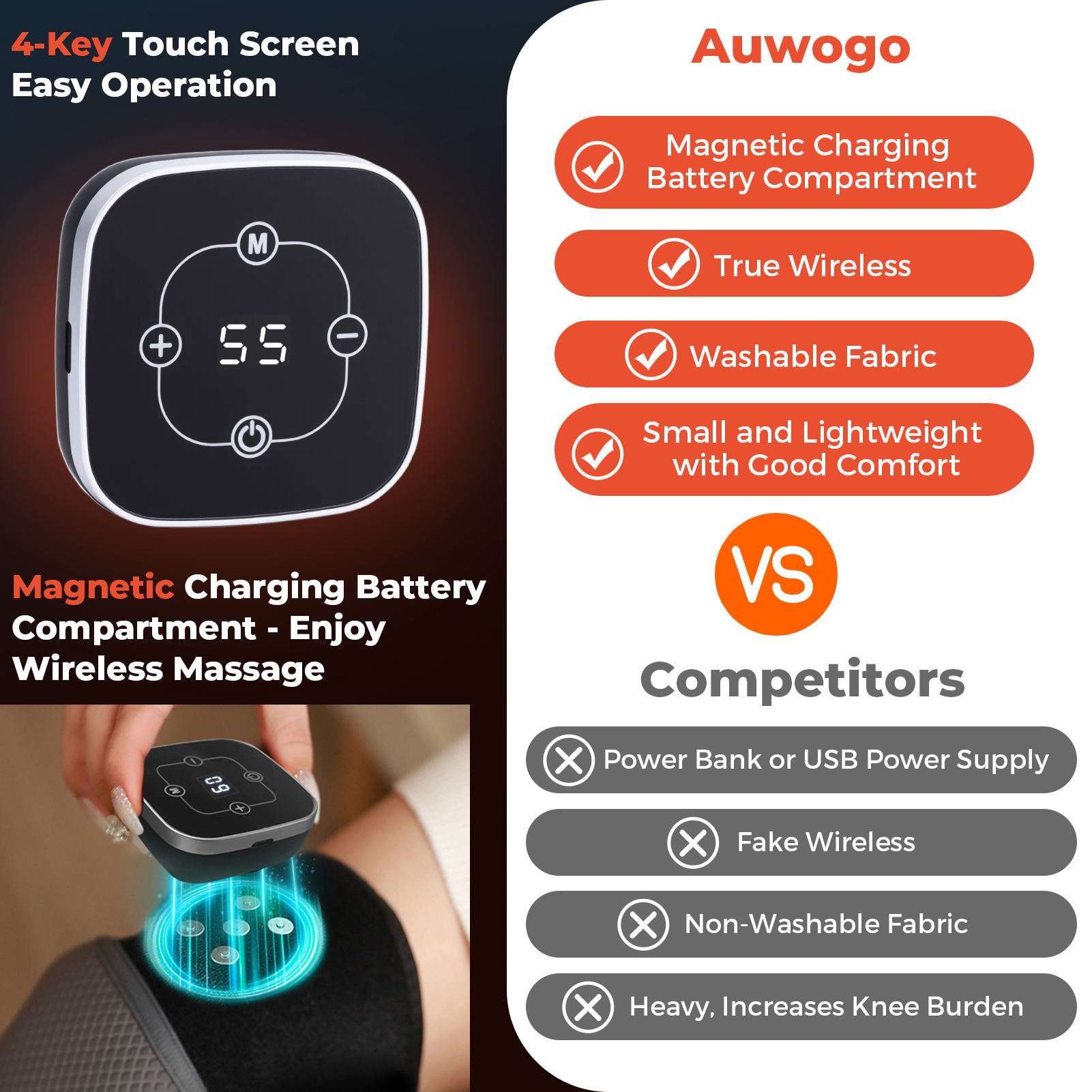 Cordless Heated Knee Brace Vibration Rechargeable Heated Knee Massager for Knee Elbow Shoulder, 5 Heating Levels, 3 Massage Modes, Black
