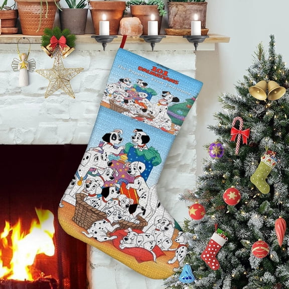 101 Dalmatians-theme Christmas Stockings,Fine white linen for Stairs Fireplace Hanging Xmas Home Decor Christmas gift17.7"X12.6"(45cm×32cm)
