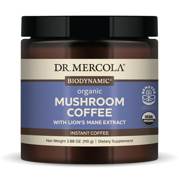 Dr. Mercola Mushroom Coffee with Lion's Mane Extract, Instant Arabica Coffee, 500 mg Lion's Mane Extract, Dietary Supplement, Supports Cognitive Health, Non-GMO - 3.88 Oz (110g), 20 Servings
