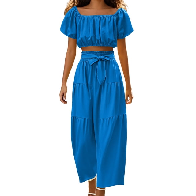 Conjunto moderno para el día: top con cuello cuadrado y mangas abullonadas y pantalones de pierna ancha - Poliéster - Ropa informal/de vacaciones