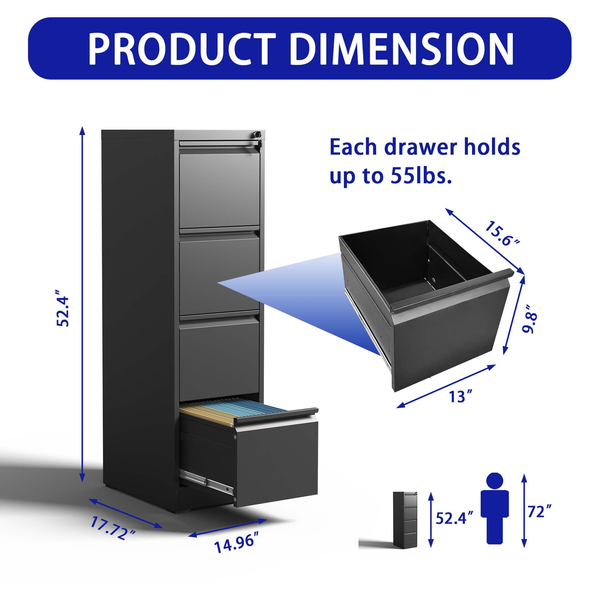 4 Drawer File Cabinet, Metal Filing Cabinets With Lock For A4/Letter/Legal Size File, Steel Vertical File Storage Cabinet For Home Office, Easy Assembly