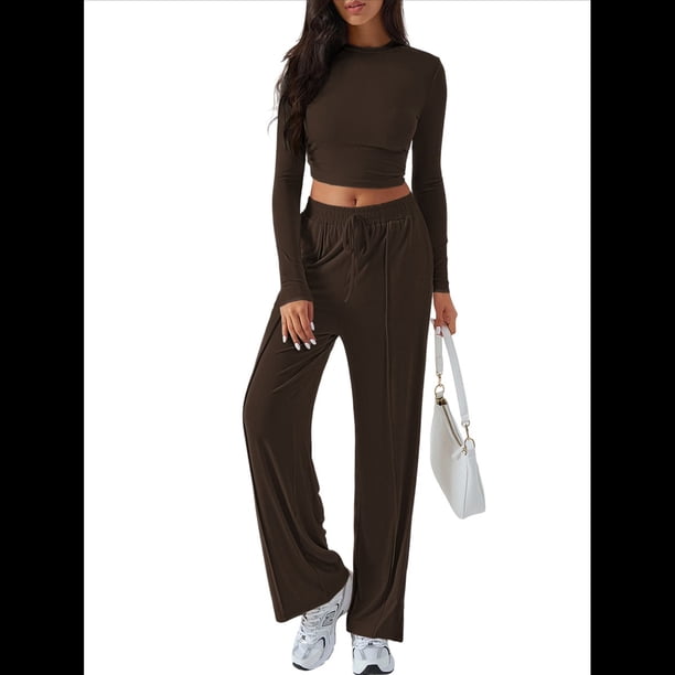 Conjunto Deportivo Y2K de Dos Piezas para Mujer, con Larga, Top Ajustado y Pantalones Anchos, Ideal para y Otoño Café XL