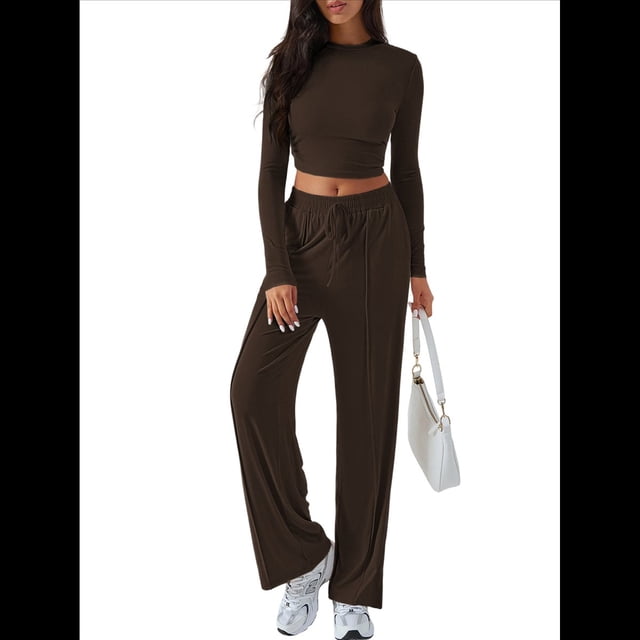 Conjunto Deportivo Y2K de Dos Piezas para Mujer, con Larga, Top Ajustado y Pantalones Anchos, Ideal para y Otoño Café M