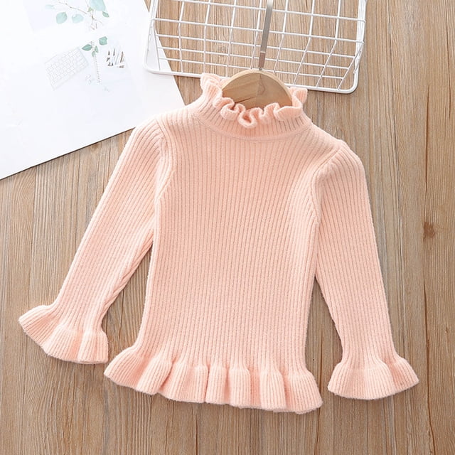 RKSTN Girls Sweaters Solid Color Versatile Ruffled Collar Long Sleeve Cable Knit Sweater Comfortable Pullover Top Fall Winter Warm Outfit 3-7Years