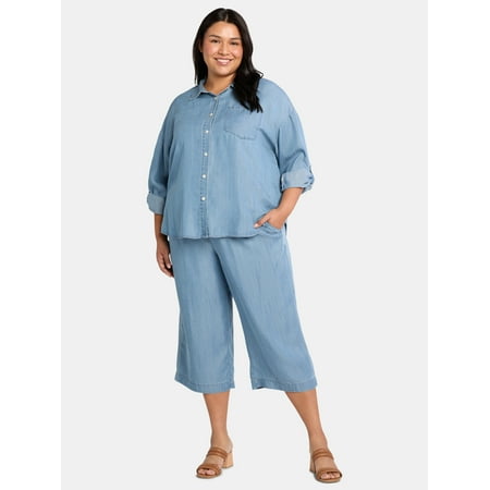 Just My Size Women's Plus Chambray Button Up Shirt and Capri Pants Set, 2-Piece, 21" Inseam, Sizes 0X-4X