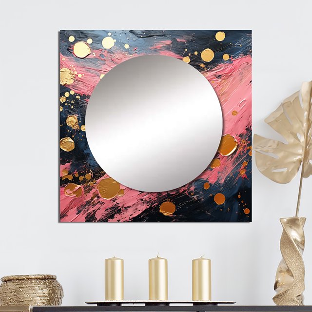 Designart "Jubilation In Affection Pink And Gold Canvas I" Abstract Painting Square Mirror For Wall Decor - Large Gold Square Mirror Printed Wall Decor - Modern Square Living Room Mirror
