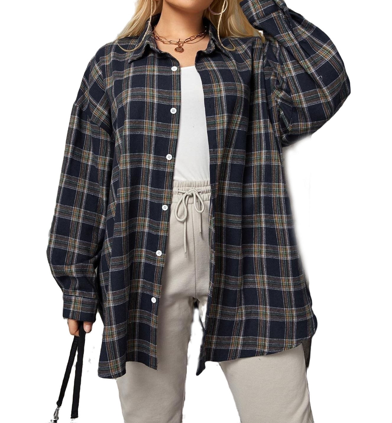 Women's Plus Size Classic Fit Long Sleeve Plaid Button DownTunic Shirt ...