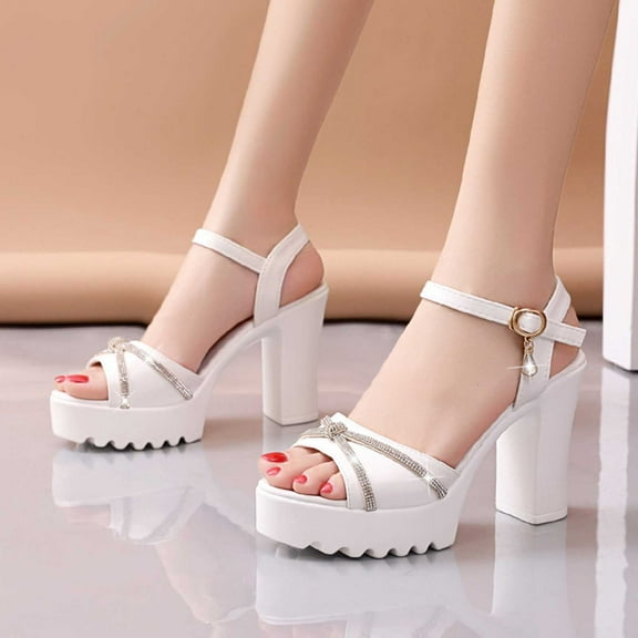 Sandals for Women Women's New Summer Chunky Fish Mouth Rhinestone Sandals High-heeled Sandals