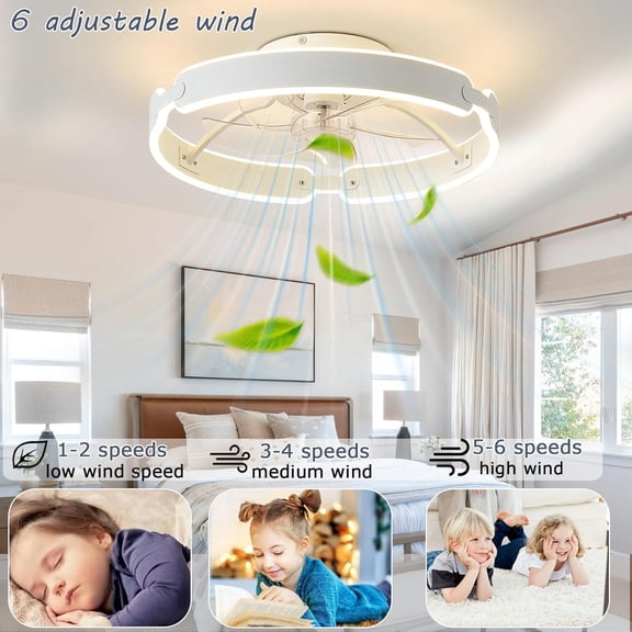 20'' Low  Ceiling Fan with Lights and Remote, Dimmable LED Flush Mount Fan Light, 6 Wind Speeds Quiet Modern White Ceiling Fans for Bedroom Living Room