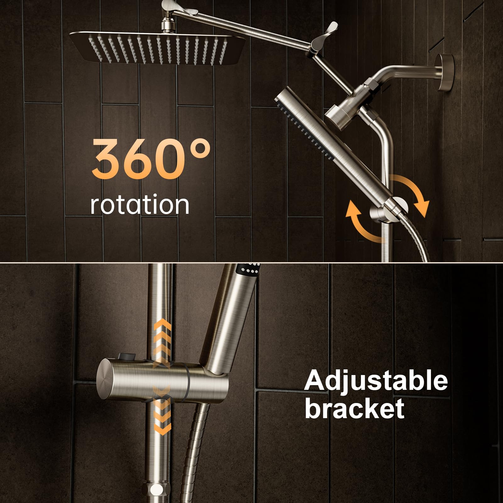 10" Luxurious Brushed Nickel All Metal Rain Shower Head With Handheld Spray Combo  High Rainfall Square Heads Extension Arm Wide Dual Showerhead Bathroom Accessories