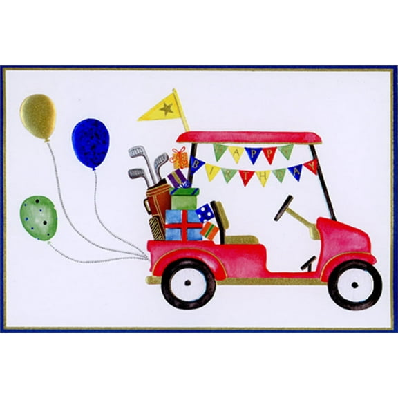 Pictura Red Golf Cart, Pennant Flags and Balloons Birthday Card