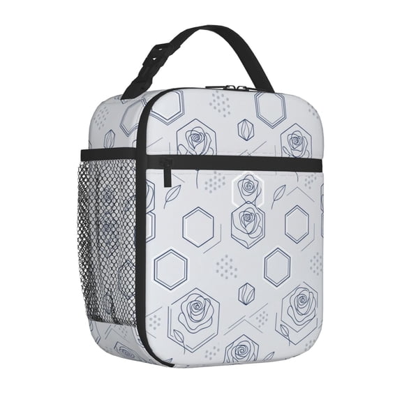 Blue Rose Lunch Box Reusable Thermal Tote Front Pocket Handheld Portable Work Office Picnic Daily Meal Bag