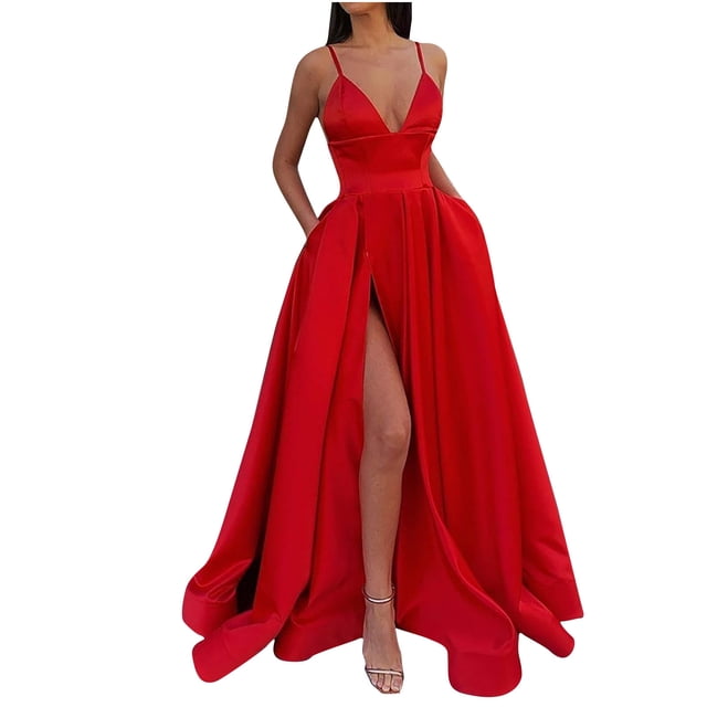 QIPOPIQ Robe Longue Maxi d'Été pour Femme à Col en V, Bretelles Spaghetti, Dos Nu, Fendue, pour Cocktail et Fête, Liquidation