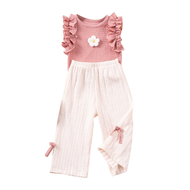 Odeerbi 2-8 Años Niñas Trajes de Verano Camisetas de Tirantes Con Volantes de Flores Pantalones de Pata Ancha Con Lazo Conjunto de Dos Piezas