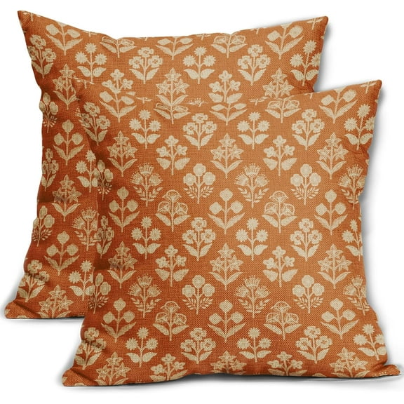 Burnt Orange Floral Block Print Pillow Covers 20x20 Inch Set of 2, Vintage Flower Pattern Decorative Throw Pillowcases Outdoor Farmhouse Cushion Covers Fall Rustic Sofa Couch Bed Decor
