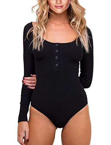 LYKSAW Queen.M Womens Basic Solid Bodysuit Single Breasted Long Sleeve Bodycon Jumpsuit Stretchy Romper Leotard Tops