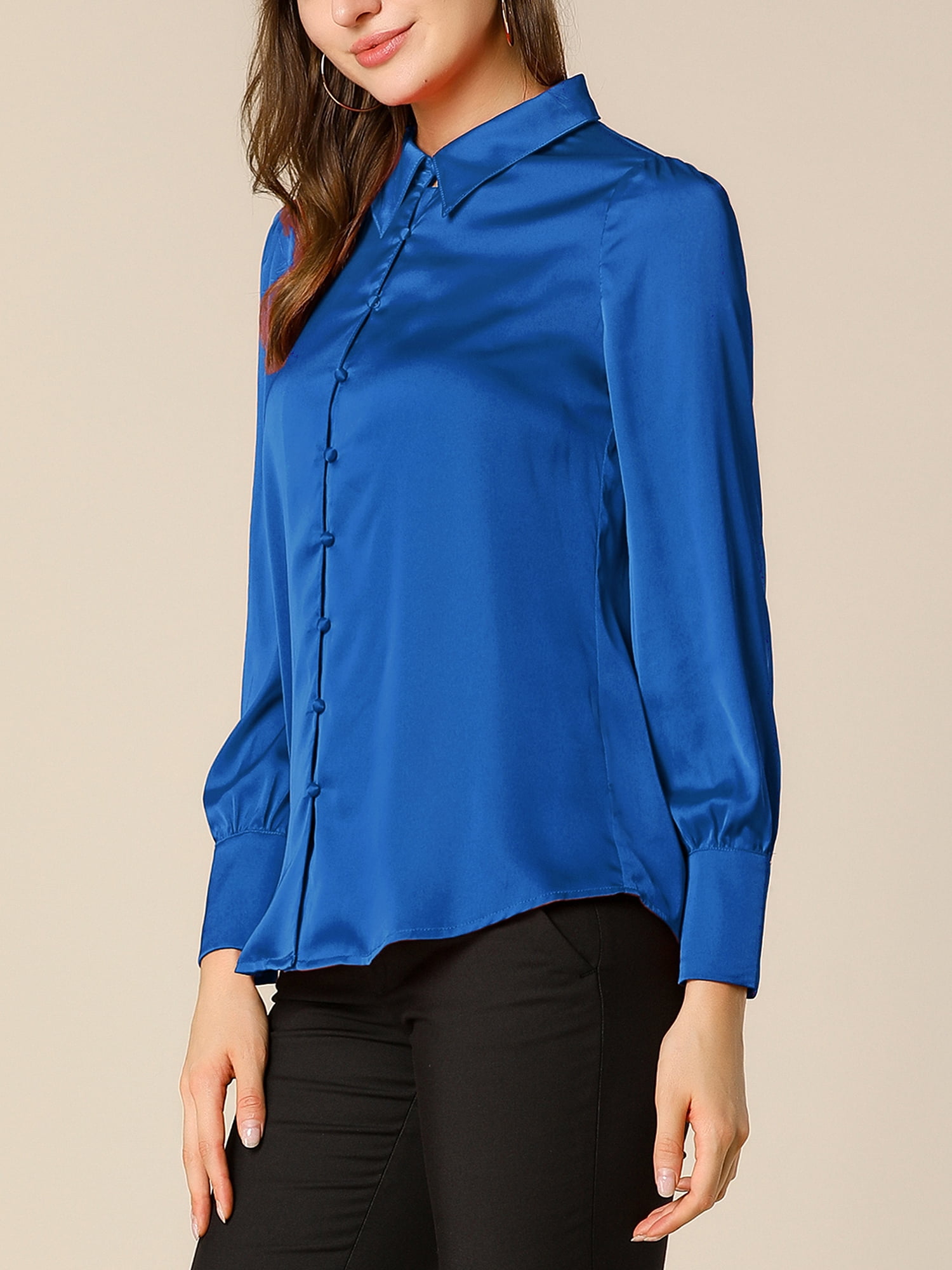DARING DIVA Women's Satin Blouse Puff Long Sleeve Collared Button Down Shirt M Royal Blue