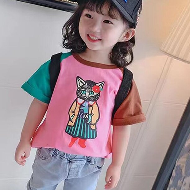 Camiseta para niñas, ropa de verano para bebés, camiseta de manga corta con estampado de gato y Animal, camisetas para niños, camisetas para niñas, niños pequeños, talla de ropa 90 Gao Jinjia LED