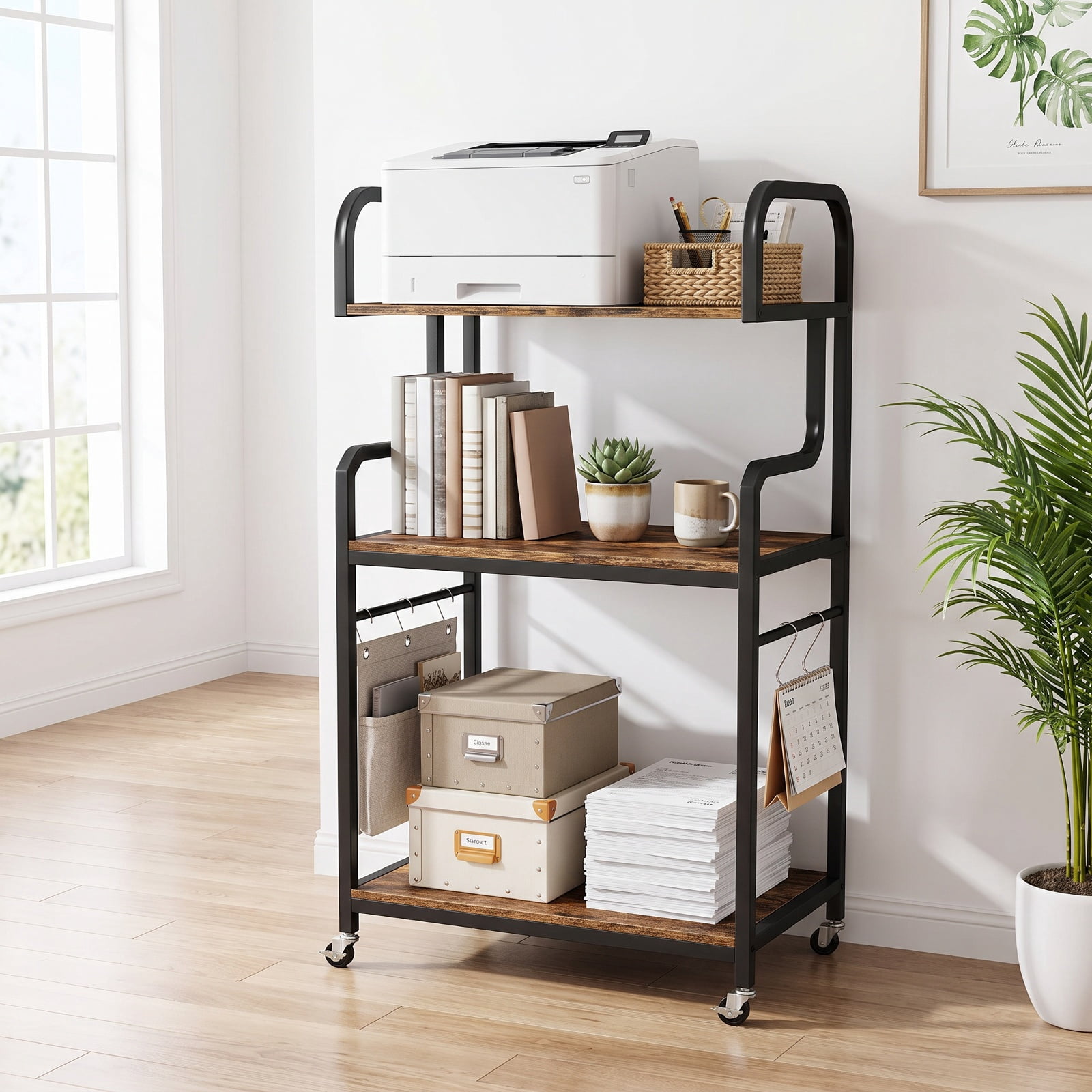 Furnibear 3-Tier Rolling Printer Stand Home Office Large Printer Cart with Storage Shelves for Home Office Printer Machine Under Desk, Rustic Brown