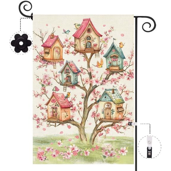 12.5x18 Double Sided Outdoor Burlap Garden Flag Spring Birds Pink Floral Tree with Clip and Stopper Farmhouse Yard Decor