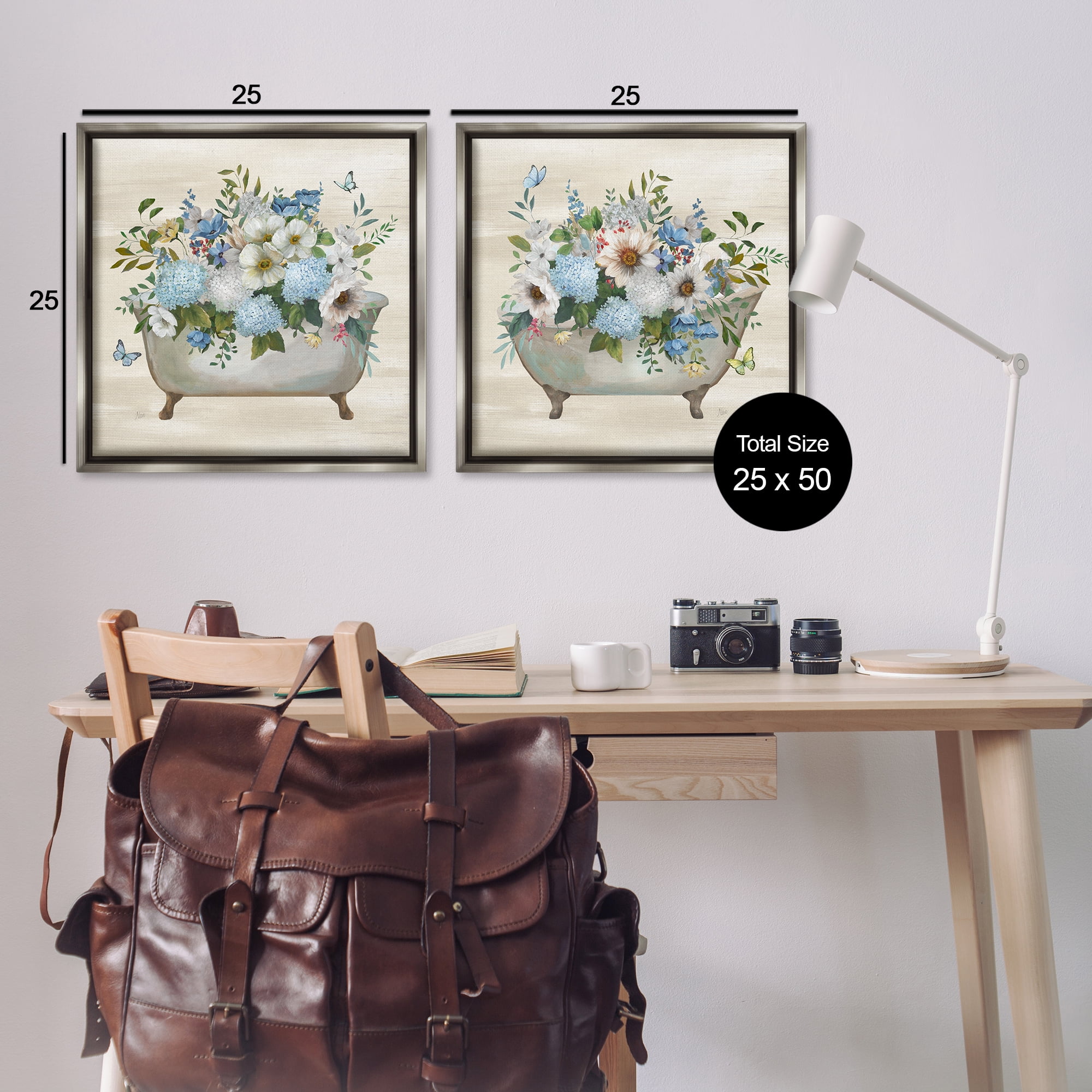 Stupell Industries Butterfly Hydrangea Bathtub Bath & Laundry Painting Gray Floater Framed Canvas Art Print Wall Art, 25 x 25, Set of 2