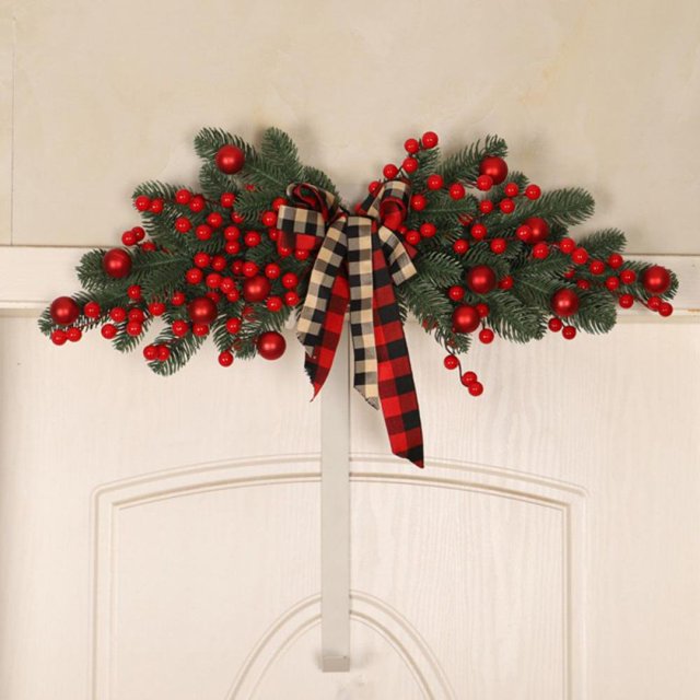 Couronnes de Noël en Forme de Goutte d'Eau Guirlandes de Porte d'Entrée Pins Artificiels Baies Rouges Pommes de Pin Nœud Décoration de Festival pour Hiver Vacances Décoration Murale Maison Fenêtre
