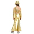 thumbnail image 2 of Runhomal Girls 3pcs Dance Performance Outfits Sequin Tassel Crop Top And Bell Bottom Pants Hat Disco Dancing Set Gold 14, 2 of 5