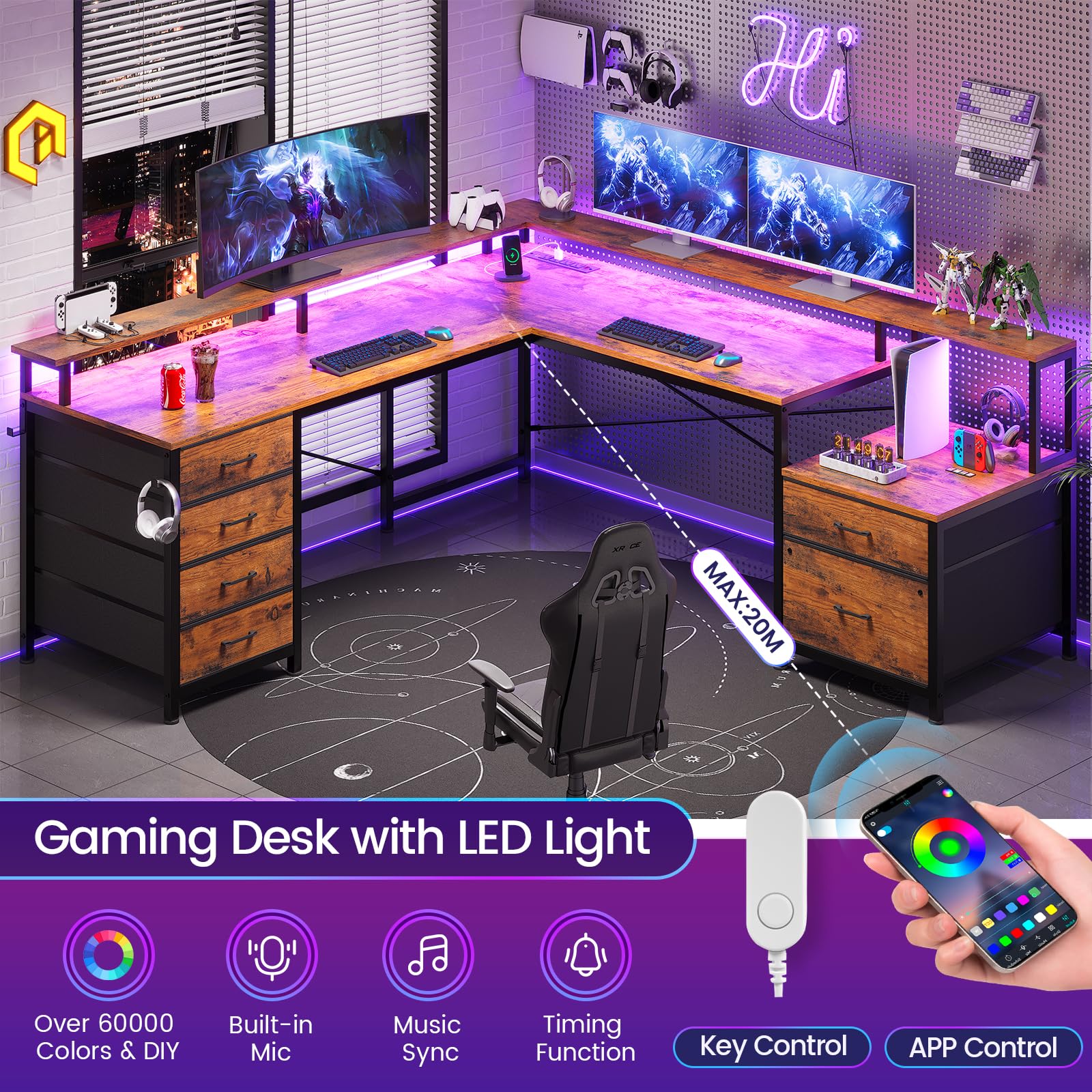 Corner Computer Desk with Led Lights and Monitor Shelf, Two Person Desk, L Shaped Desk with 6 Drawer, 108" Home Office Desk with File Drawer & Power Outlet, Rustic Brown