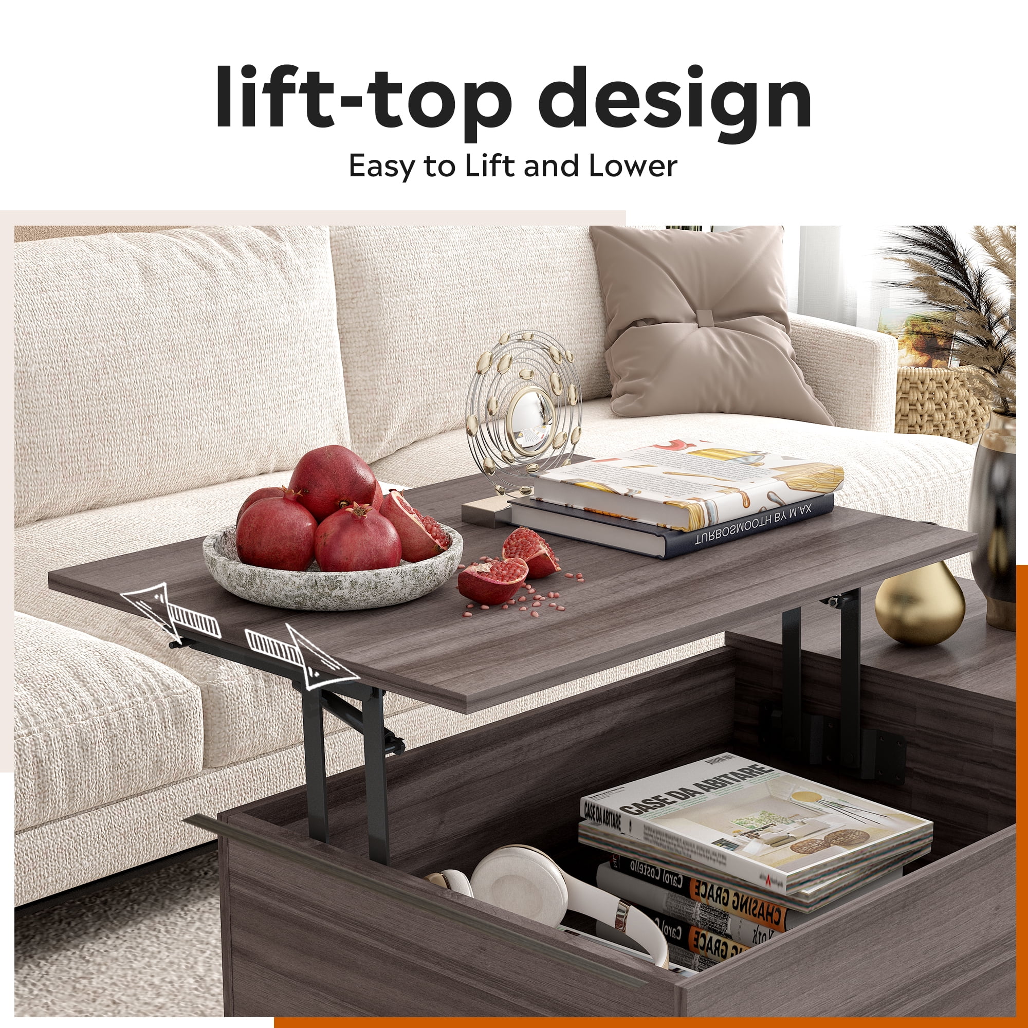 GALAXHERO Coffee Table with Removable Storage Shelves Lift Top Small Coffee Table for Living Room Grey