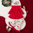 thumbnail image 4 of Conjunto de 3 piezas de camiseta con estampado navideño de vellón + pantalones acampanados de felpa + gorro para niñas pequeñas, ropa para fiesta de Año Nuevo de Papá Noel, 4 of 5