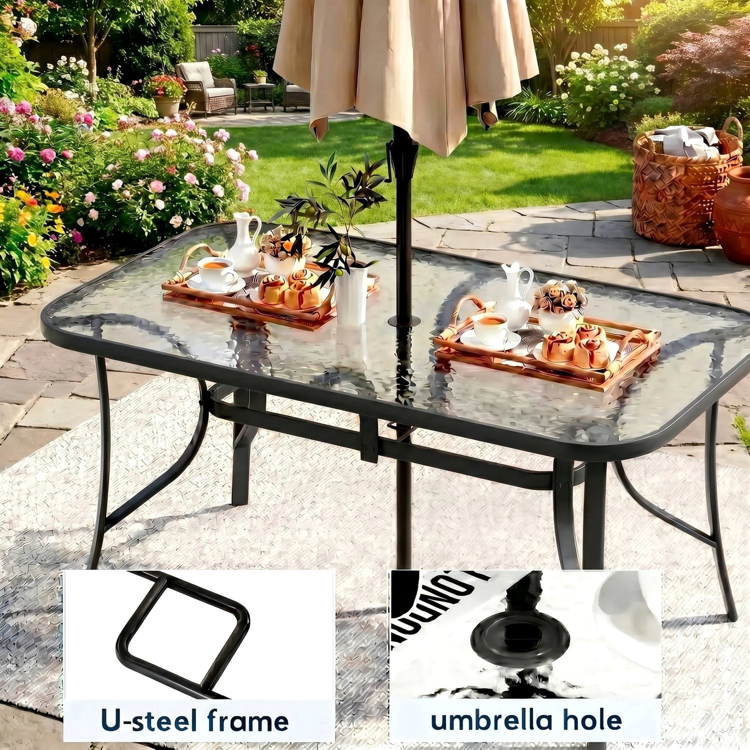 Pirecart Patio Dining set, Outdoor Furniture Set of 7 with Widened Table and Umbrella Hole, All Weather Patio Dinng Set for Garden, Backyard, Poolside, Black